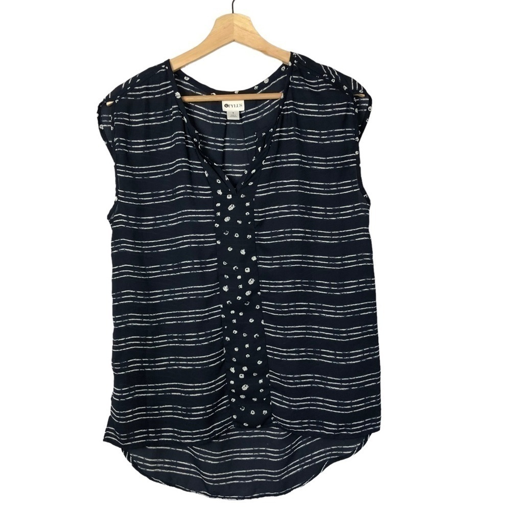 Stylus Navy Blue Stripe Short‎ Sleeve Blouse S